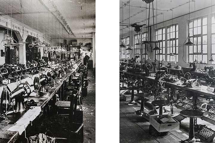 Historische Aufnahme der Näherei der Obermain-Schuhfabrik